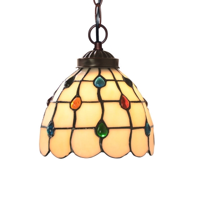 White Grid Glass Bell Hanging Light Tiffany 1 Head Copper Pendant Lighting with Cabochons Gemstone
