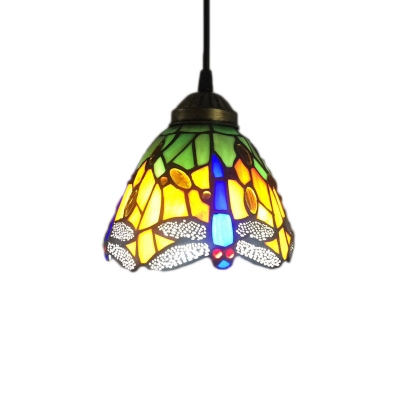 1 Head Bell Mini Pendant Lamp Tiffany Yellow/Blue Cut Glass Hanging Light Kit with Dragonfly Pattern