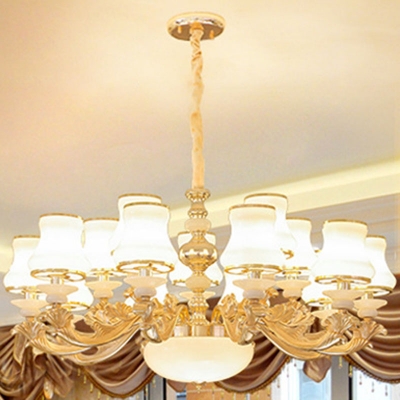 10/12/15-Light Ceiling Chandelier Traditional Flare White Glass Wall Light in Gold for Living Room