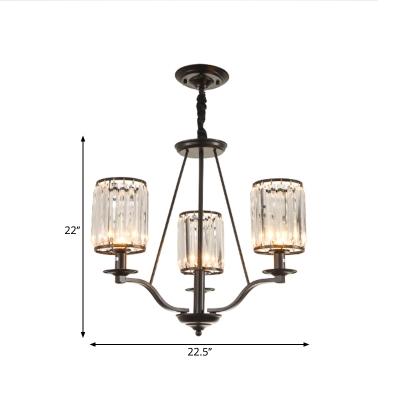 3/6/8-Head Clear Crystal Prism Chandelier Black Cylindrical Dining Room Hanging Ceiling Light