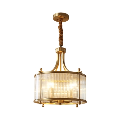 4-Light Hanging Lamp Vintage Drum Clear Fluted Glass Chandelier Pendant in Antiqued Gold