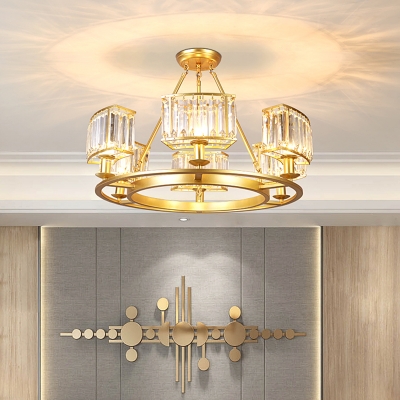 6/8/10 Heads Circular Hanging Chandelier Postmodern Gold Crystal Prism Ceiling Pendant Light