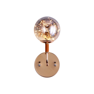 Amber/Smoke Grey Glass Ball Sconce Simple Black/Gold Starry LED Wall Mounted Light Fixture for Bedroom