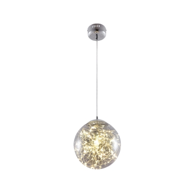 Amber/Smokey Glass Sphere Drop Pendant Modern LED Ceiling Suspension Lamp with Glowing String Inside, 6