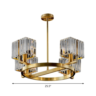Antiqued Gold Circle Chandelier Postmodern Crystal Rectangle 4/6/8-Bulb Bedroom Ceiling Suspension Lamp