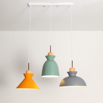 Assorted Shade Pendant Light Macaron Metal 3-Bulb White Round/Linear Canopy Multiple Hanging Lamp with Wood Cork