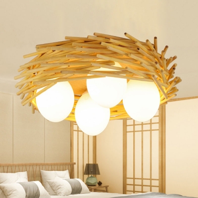 Bamboo Nest Chandelier Asian 3/4-Bulb Wood Small/Large Ceiling Light with Inner Oval White Glass Shade, Flushmount/Hanging Cord