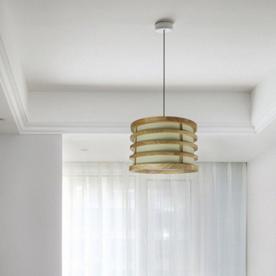 Barrel Shaped Kitchen Pendant Light Wooden 1 Head Modern Hanging Lamp with Fabric Shade