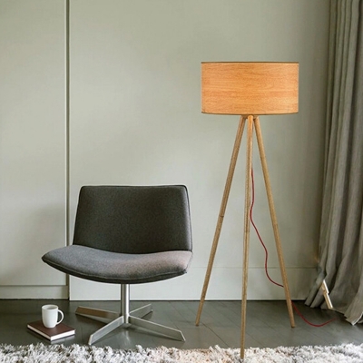 Beige Drum Tripod Reading Floor Light Minimalist 1-Light Wood Stand Up Lamp for Living Room