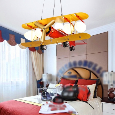 Biplane Boys Bedroom Chandelier Pendant Ivory Glass 5 Bulbs Kids Style Suspension Light in Yellow