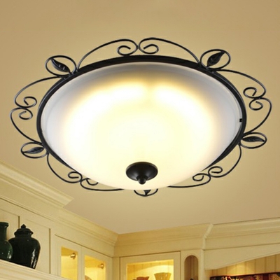Black 3 Lights Flush Mount Lighting Country Style White Glass Dome Ceiling Lamp with Scrolled Edge, Small/Large