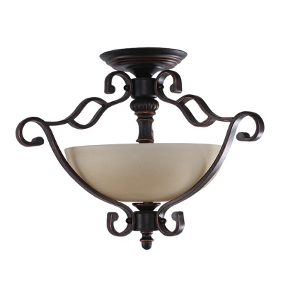 Bowl Foyer Semi Flush Light Rustic Beige Glass 1-Light Copper Finish Ceiling Lighting with Scrolled Bracket