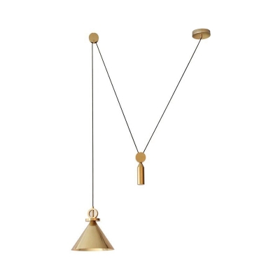Brass Cone Shade Swag Pendant Postmodern 1 Bulb Metal Pulley Ceiling Suspension Lamp
