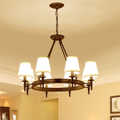 Bronze/Black Circle Chandelier Rustic Metal 8 Bulbs Living Room Hanging Ceiling Light with Cone Fabric Shade