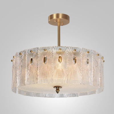 Clear Carved Glass Drum Drop Pendant Minimalist Chandelier Lamp in Gold for Dining Room, 8