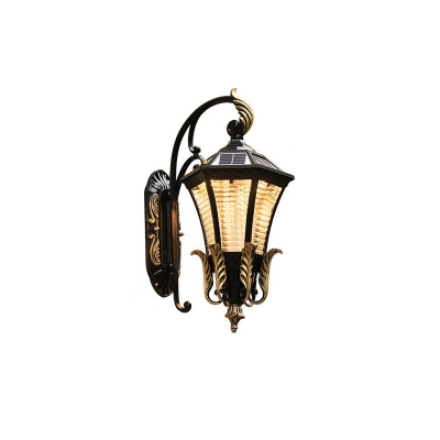 Clear Rib Glass Flared Lantern Sconce Vintage Gateway LED Solar Wall Mount Lamp in Black