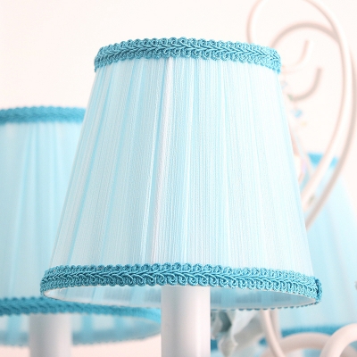 Cone Pleated Fabric Chandelier Pastoral 3/6/8 Heads Bedroom Hanging Lamp in Pink/Blue with Braided Trim and Crystal Drop