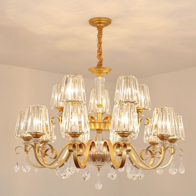 Conical Crystal Prism Suspension Lamp Contemporary 8/10/15 Lights Gold Hanging Chandelier for Living Room
