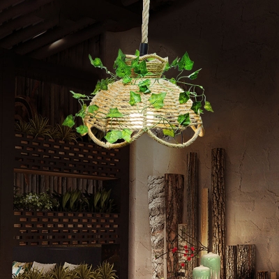Country Style Scalloped Pendant Lighting 1-Light Hemp Rope Plant Ceiling Light in Beige