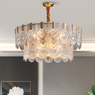 Crystal 1/2-Tiered Scalloped Ceiling Light Postmodern 6/9/10-Bulb Gold Pendant Chandelier, 16