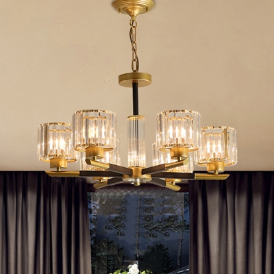 Cylinder Living Room Suspension Lighting Prismatic Crystal 3/6/10-Light Postmodern Chandelier in Gold