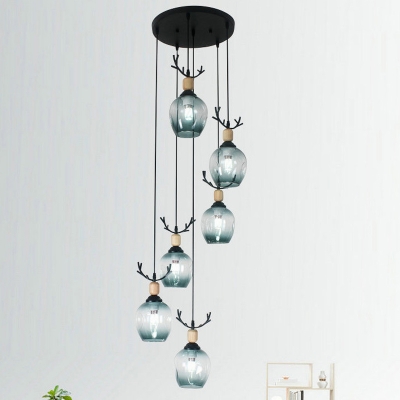 Dimpled Cup Suspension Pendant Modern Gradient Blue/Cognac Glass 9-Light Living Room Multi Hanging Lamp