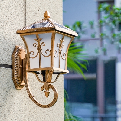 Frost Glass House Shaped Solar Wall Sconce Traditional Courtyard LED Wall Lighting in Bronze/Black