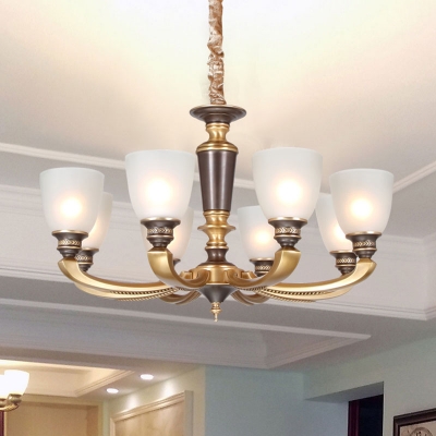 Frosted White Glass Bell Pendant Light Traditional 6/8/15-Light Bedroom Chandelier in Antiqued Brass