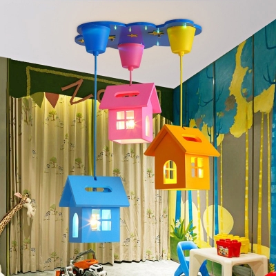 House Shaped Multi-Light Pendant Cartoon 3 Lights Nursery Hanging Ceiling Light in Blue