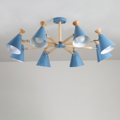 Metallic Conical Rotating Chandelier Macaron 8-Bulb Grey/Blue/Green and Wood Ceiling Suspension Lamp for Living Room