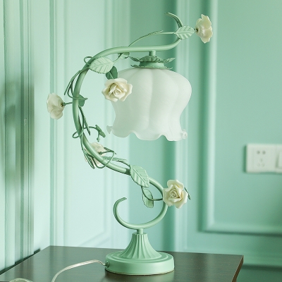 Milk Glass Blue/Green Nightstand Lamp Flowerbud 1 Head Pastoral Style Table Light with Scroll Arm
