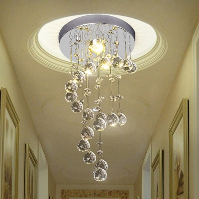 Nickel Round Flush Ceiling Light Simple Metal 1 Head Hallway Flush Mount Lighting with Spiral Crystal Drape