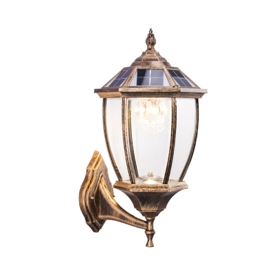 Paneled Bell Clear Glass Solar Sconce Lamp Vintage Outdoor Wall Light Kit in Black/Bronze