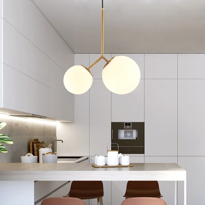 Postmodern Ball Chandelier Pendant Milk Glass 2 Heads Dining Room Ceiling Hang Light in Gold
