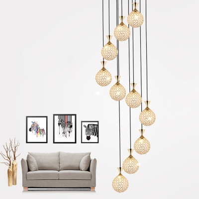 Silver/Gold Sphere Multi-Pendant Modernist 10-Light Crystal Bead Hollowed-out Ceiling Suspension Lamp