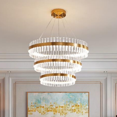 Simplicity 1/2/3-Layered Pendant Light Kit Crystal Living Room LED Chandelier in Gold, 31.5