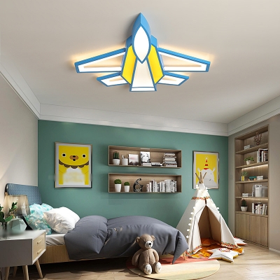 Small/Large Plane Flush Mount Ceiling Light Cartoon Iron Blue-Red/Yellow LED Flush Lamp in Warm/White/3 Color Light