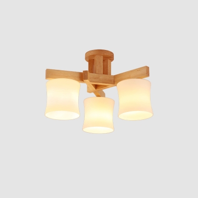 Small/Medium/Large Cylinder Flush Chandelier Nordic Frosted Curved Glass 3/5/8-Bulb Wood Semi Flush Mount Ceiling Light
