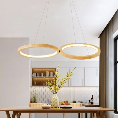 Small/Medium/Large Ring LED Chandelier Simple Wood Dining Room Suspension Pendant Light in Natural/3 Color Light