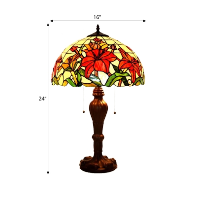 Tiffany Lily Patterned Dome Night Lamp 2 Lights Stained Glass Pull Chain Table Light in Red