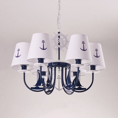 White and Blue Cone Hanging Light Fixture Kids 5/6-Bulb Fabric Chandelier with Anchor Pattern