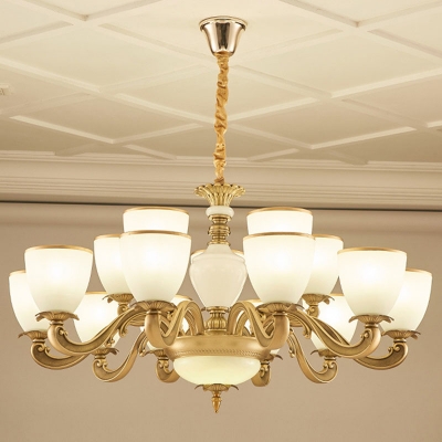 White Glass Bell Up Pendant Lighting Contemporary 6/8/15-Head Brass Chandelier for Living Room