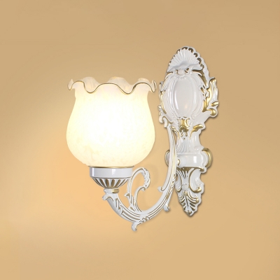 1/2-Bulb Flowerbud Shaped Wall Light Vintage White/Bronze/White-Gold Frosted Glass Wall Mounted Lamp for Living Room