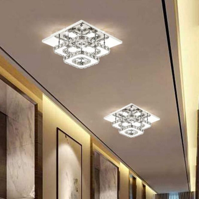 1/2-Tiered Square Corridor Ceiling Lamp Clear Crystal Modernist LED Flush Mounted Light in Chrome