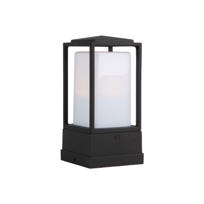 1 Bulb Rectangle Post Light Decorative Black Frosted White Glass Landscape Lamp for Patio
