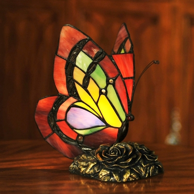 1-Light Butterfly Night Lamp Tiffany Red Handcrafted Glass Table Light with Carved Rose Base