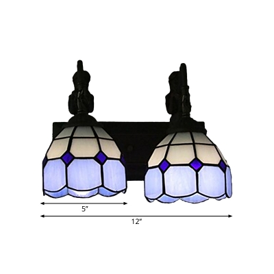 2 Heads Scalloped Wall Light Fixture Mediterranean Blue Grid Glass Wall Sconce Lighting