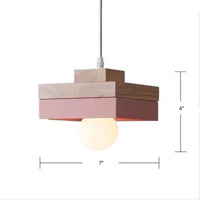 2-Tiered Square/Round Pendulum Light Macaron Wood Single-Bulb Dining Room Drop Pendant in White/Pink/Yellow