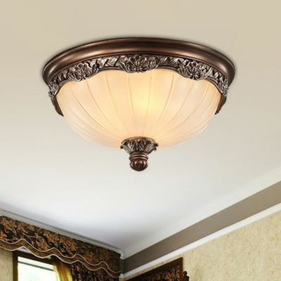 3/4-Head Frosted Rib Glass Ceiling Light Retro Brown Dome Small/Large Bedroom Flush Mounted Lamp