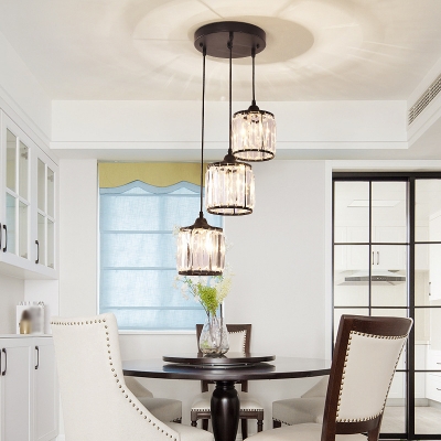 3/6/9 Heads Cluster Pendant Light Modern Stairs Hanging Lamp with Cylinder Crystal Shade in Black
